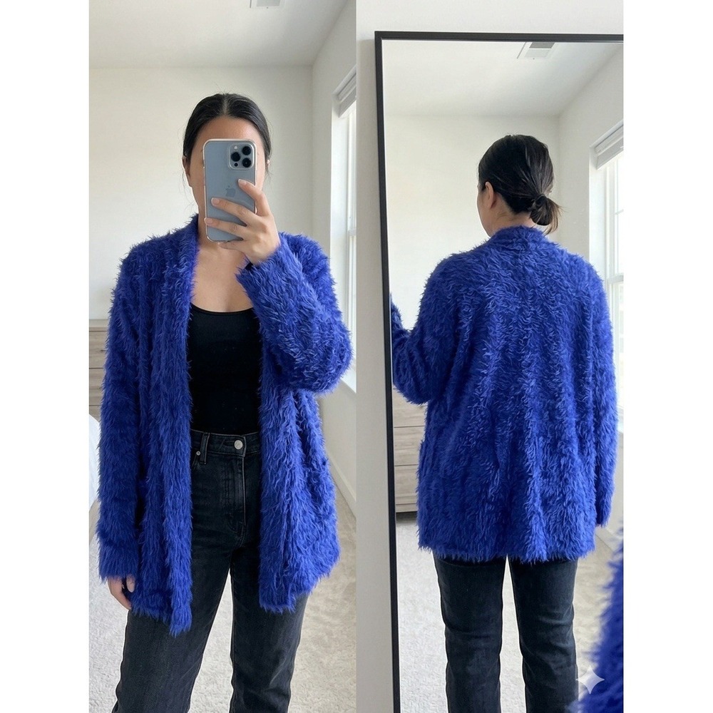 Colleen Lopez 2X Royal Blue Eyelash Shaggy Knit Cardigan Open Front Sweater